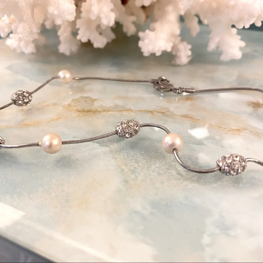 Faux Pearl and Pavé Rhinestone Station Necklace Choker